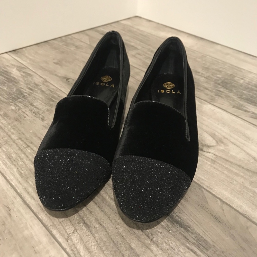 Isola Women’s Black Velvet Flats with Glitter Toe